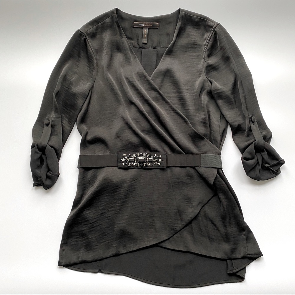 BCBG MaxAzria Black Silk Blouse with Sequin Belt